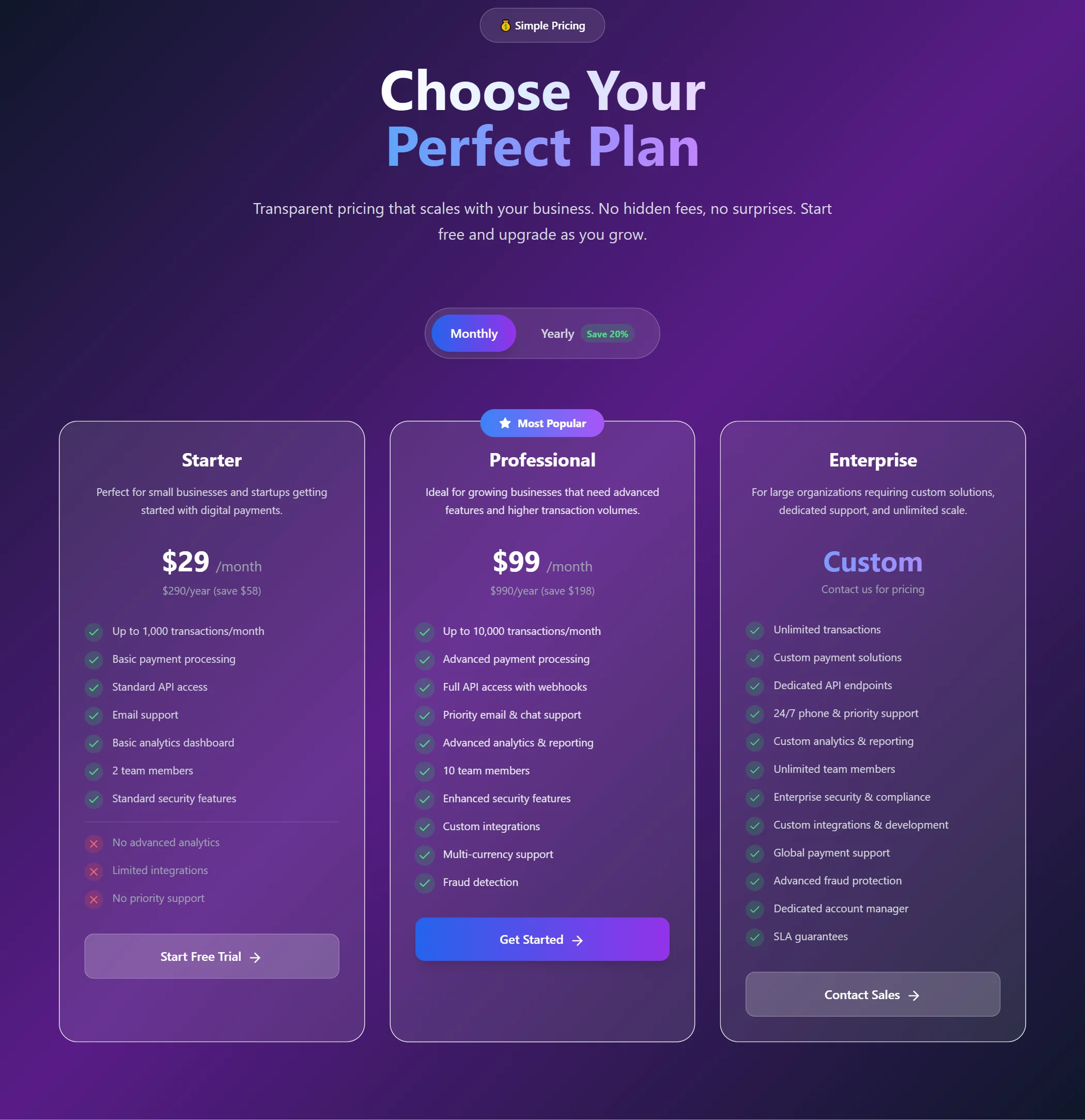Pricing Fintech Glassmorphism